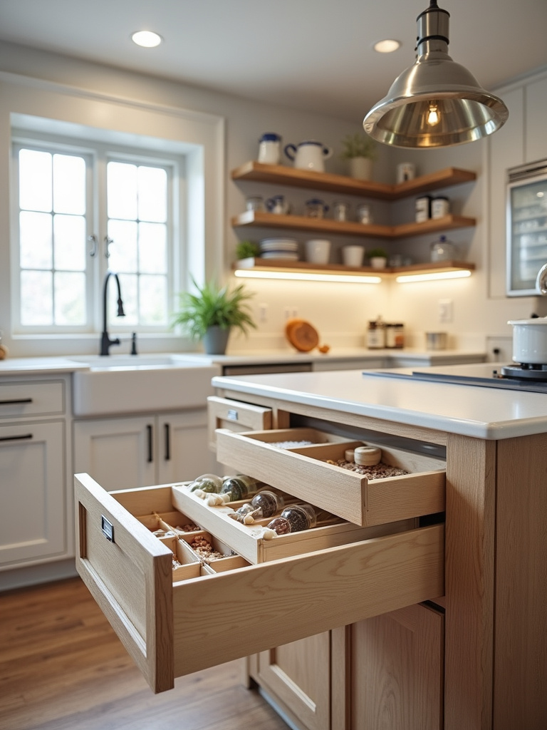 A well-organized kitchen using smart storage solutions including drawers, shelves and racks.
