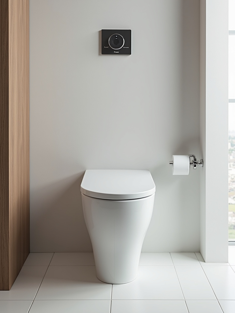 A modern, high-tech bathroom with a smart toilet with advanced features.