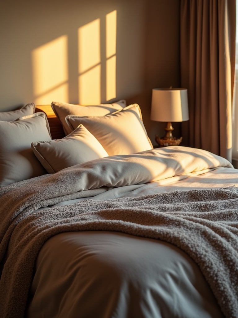 A bed adorned with soft blankets and throws to create a cozy and warm atmosphere.