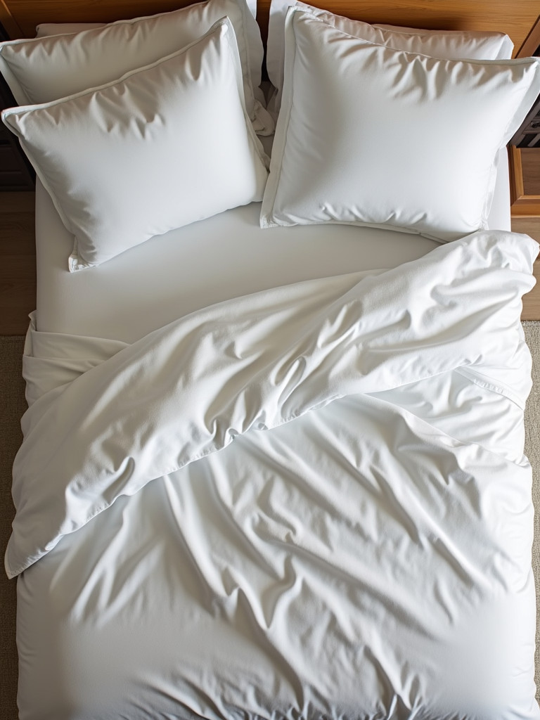 A cozy bed featuring soft cotton sheets and plush pillows, highlighting the comfort of the bedding.
