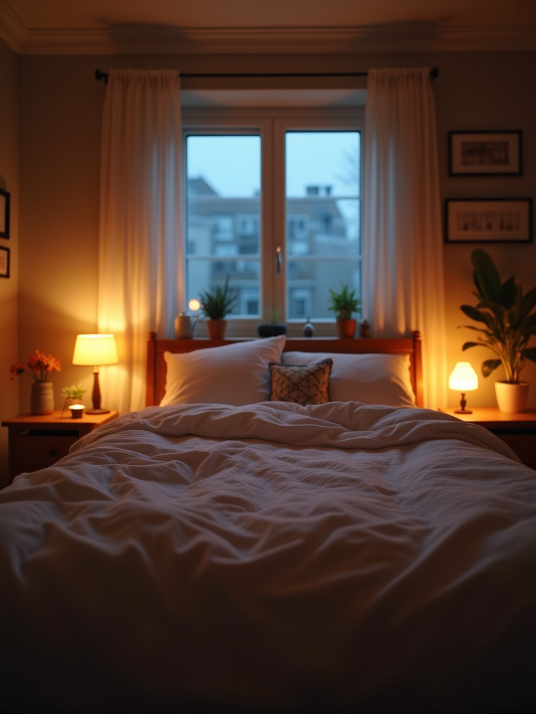 A cozy bedroom scene with multiple soft lighting sources at dusk.