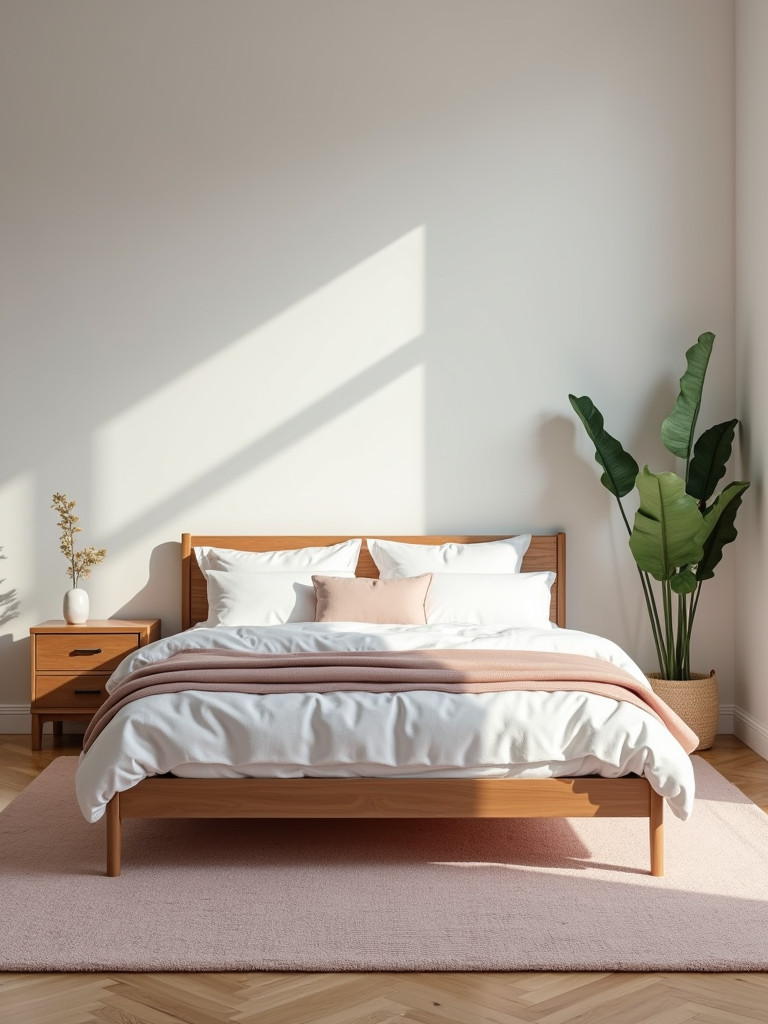 A minimalist bedroom featuring a solid colored rug centered under a simple bed, well-lit with even lighting