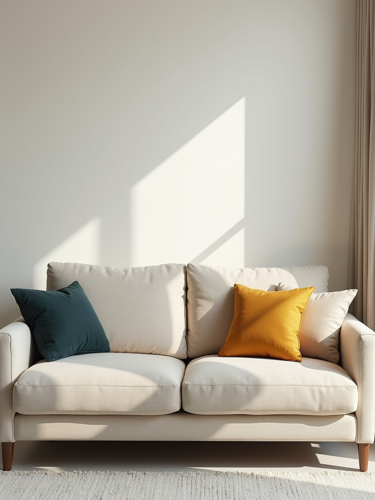 Three solid colored throw pillows resting on a modern sofa