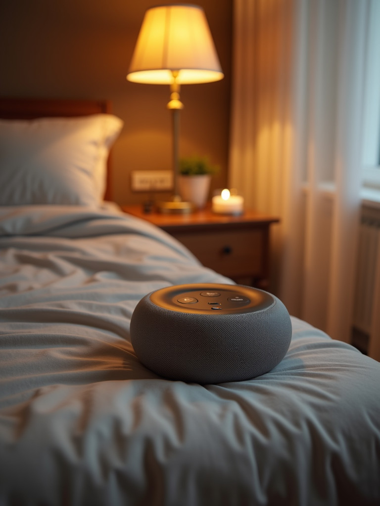 A cozy bedroom featuring a sound machine on a bedside table to help improve sleep.
