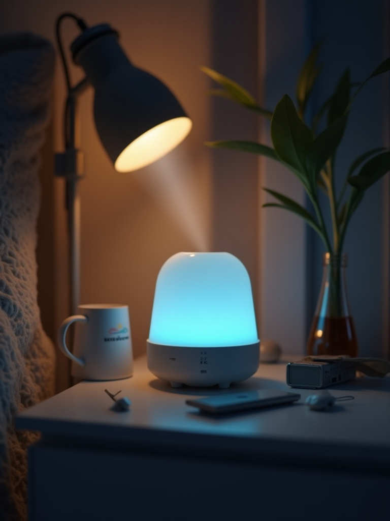 A sound machine emitting white noise for sleep enhancement rests on a bedside table.