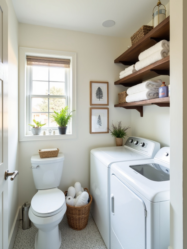 A space-saving shelving unit in a clean and well-organized laundry bathroom