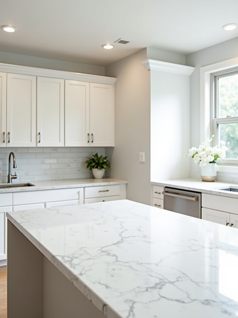 A kitchen with white cabinets and sparkling white quartz countertops.