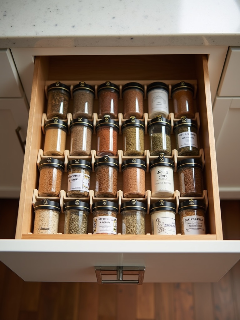 A top-down view of a kitchen drawer with a spice rack insert, showcasing a variety of organized spice jars.