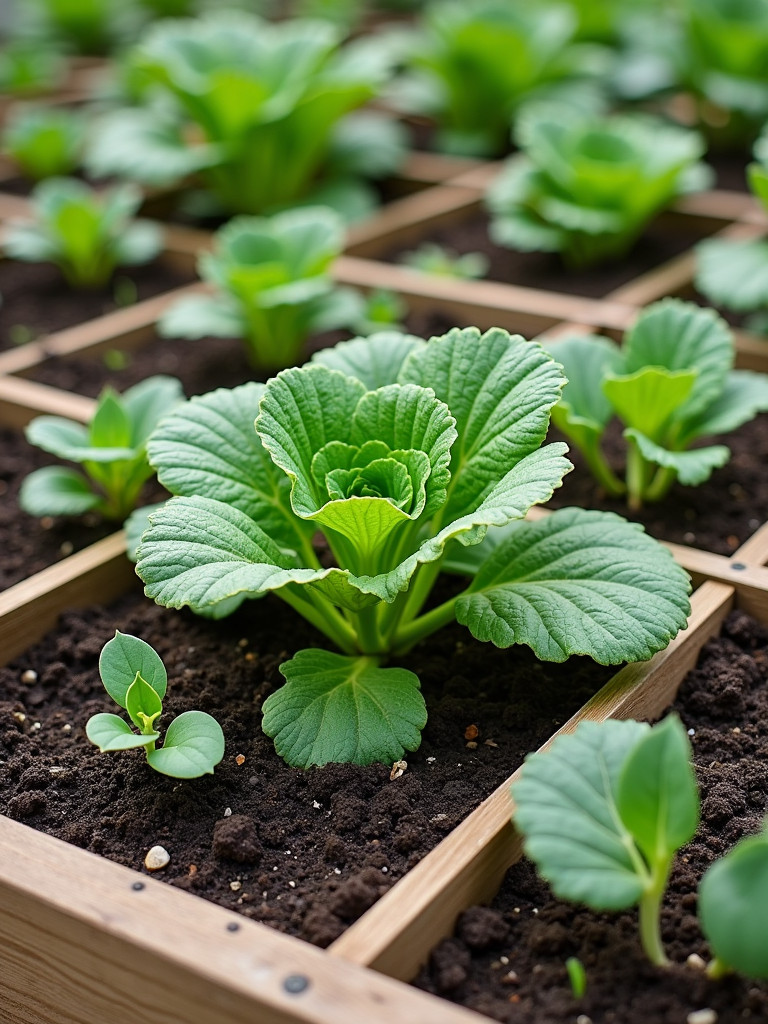 a thriving square foot vegetable garden, with different plants carefully positioned within a grid layout.