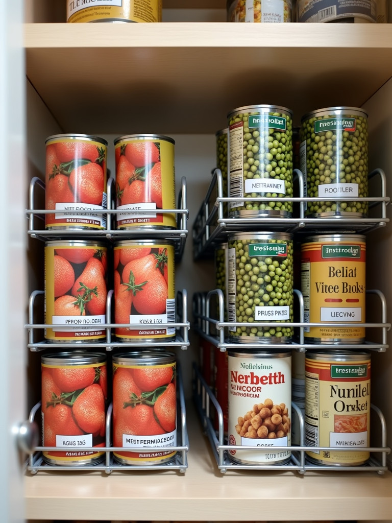 A well-organized pantry shelf with stackable can organizers, holding a variety of neatly aligned cans