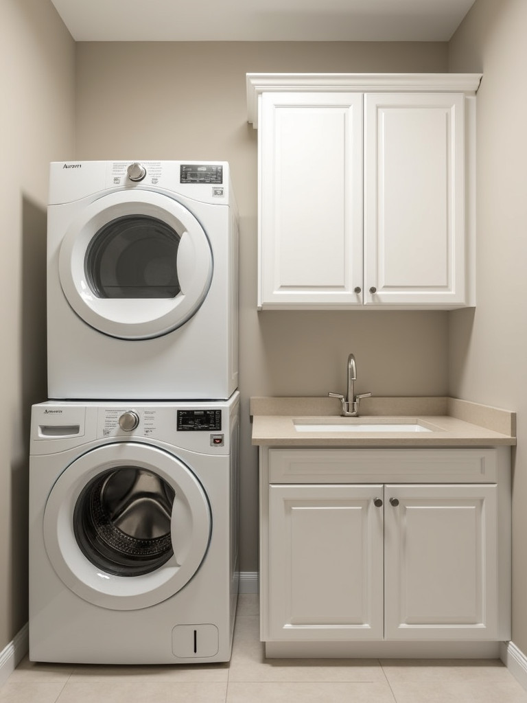 A bright and functional laundry bathroom featuring a space-saving stackable washer and dryer unit.