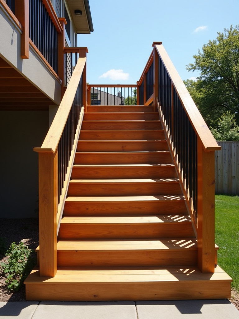 A modern wooden deck staircase, highlighted with a sleek and safe design and a deck in the background.