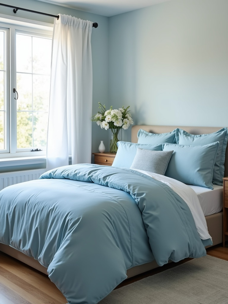 A serene bedroom with soft blue bedding and natural light.