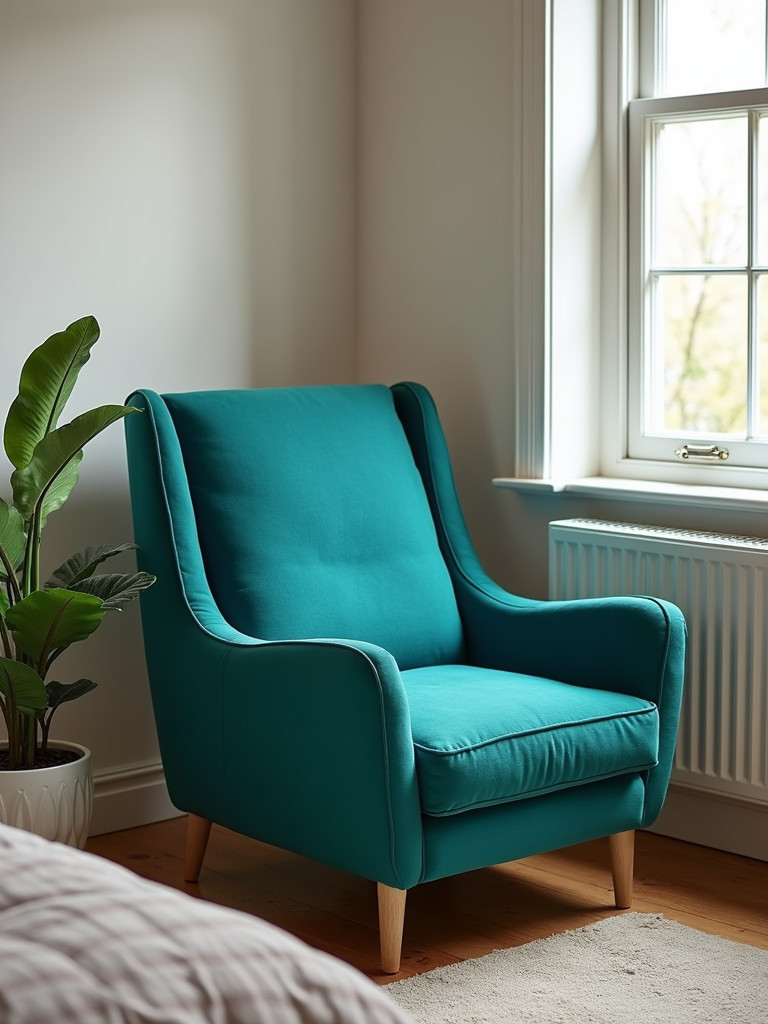 A bold teal armchair positioned in a bedroom corner next to a window