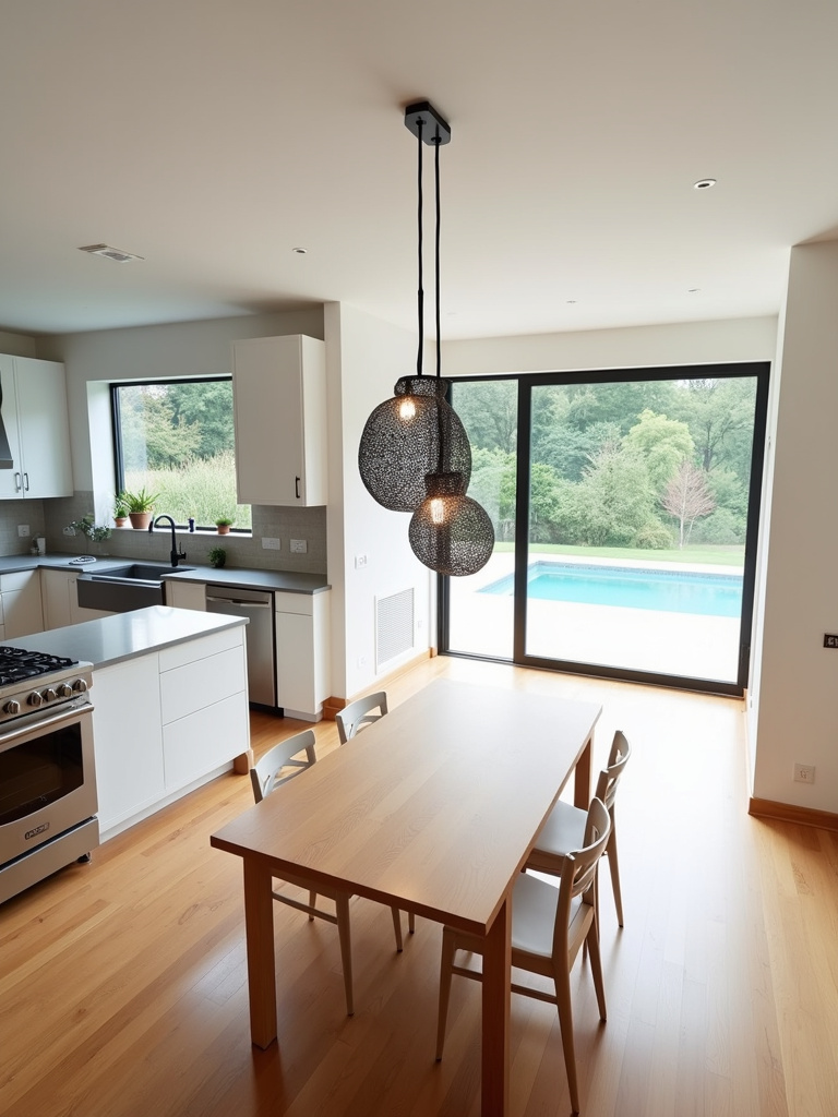 A modern kitchen with a striking sculptural black metal chandelier above the dining table.
