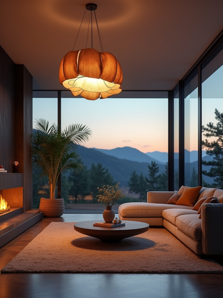 Modern living room with a statement pendant lamp at dusk, ambient lighting, low angle view.