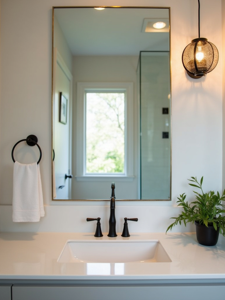 Modern bathroom featuring a stylish pendant light fixture above a light vanity