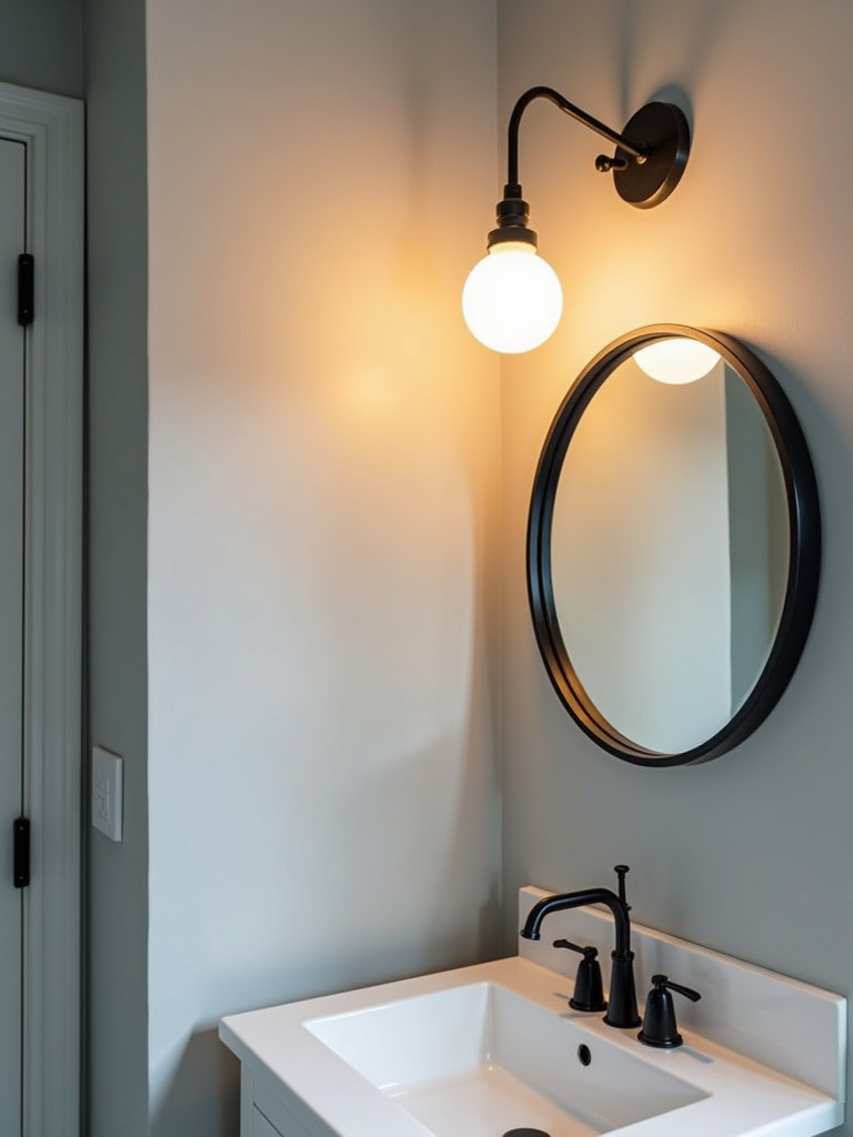 A modern statement pendant light fixture in a small bathroom