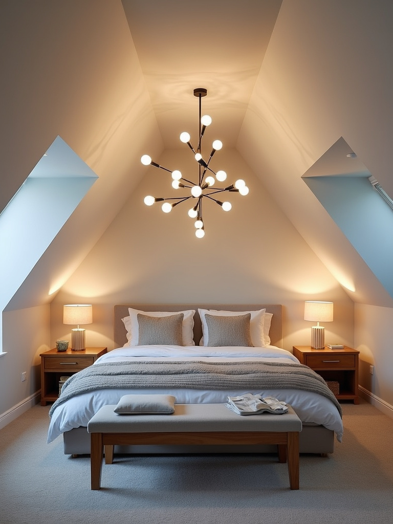 An attic bedroom with statement lighting, using interesting shapes or material that complement its design.