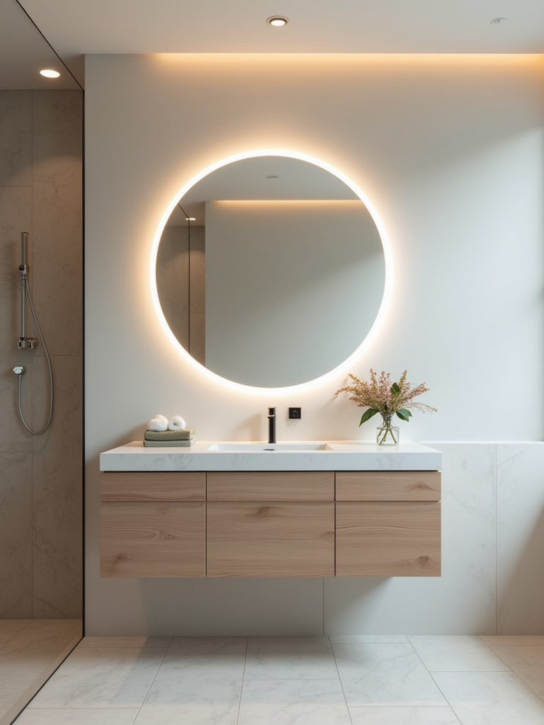 A modern bathroom vanity with a statement mirror with a soft backlighting effect.