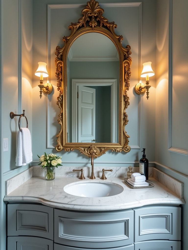A bathroom with a large, gold-framed ornate mirror above a marble counter