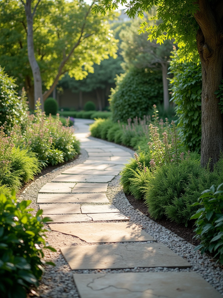 A stone pathway curving through a vibrant garden