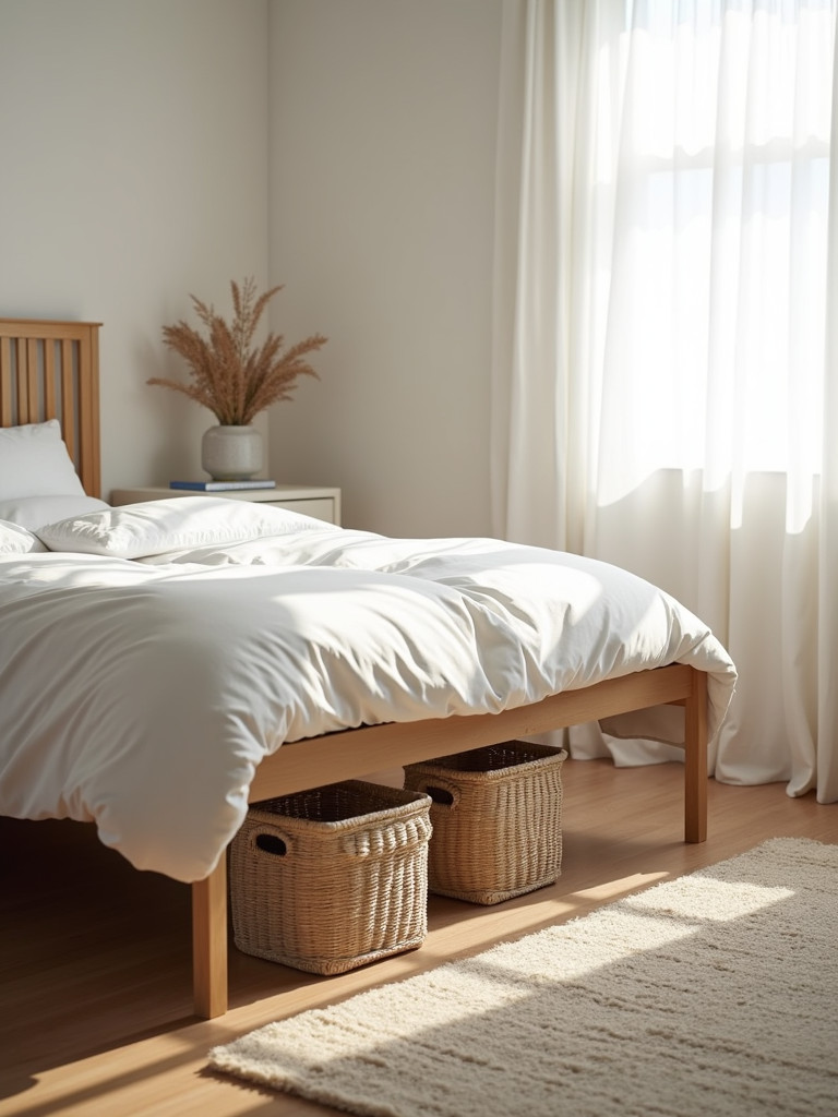 A minimalist bedroom showcasing storage baskets under the bed, with soft lighting