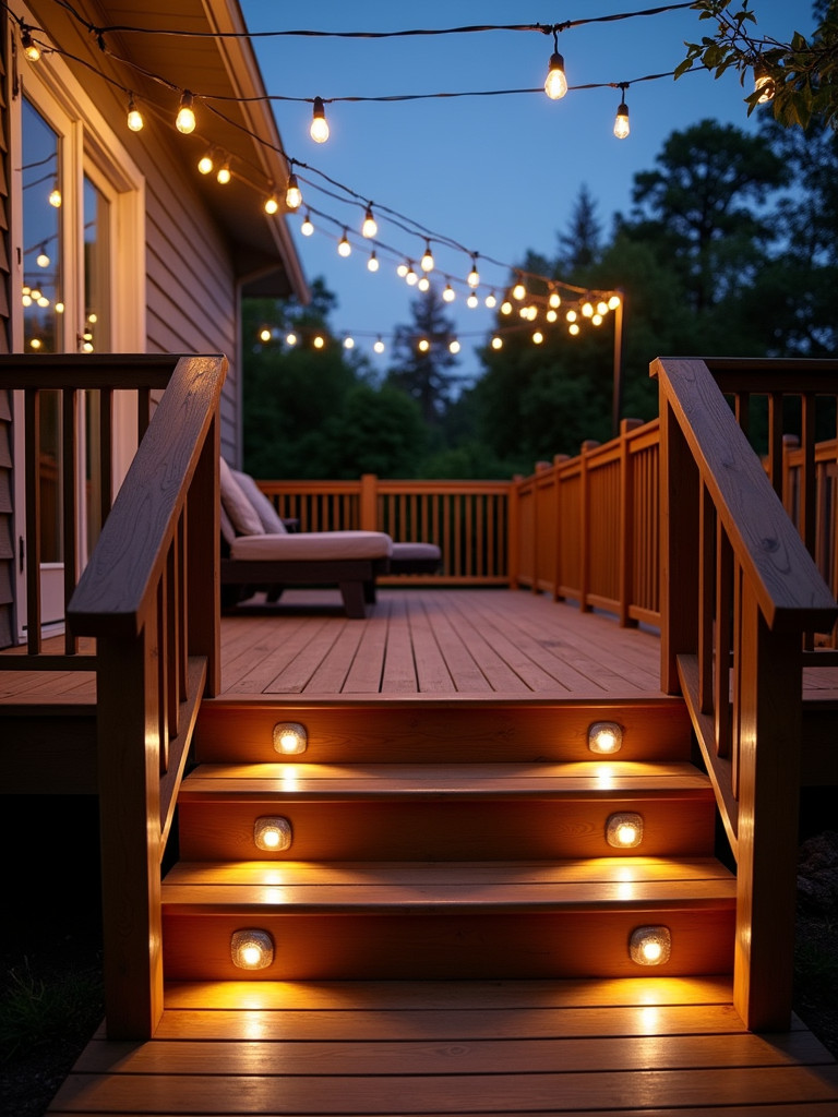 A wooden deck at dusk with soft ambient lighting, including deck lights and string lights, highlighting the evening mood.