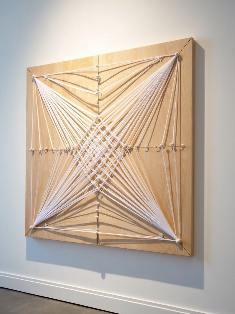 A wooden string art design featuring an intricate geometric pattern with white string