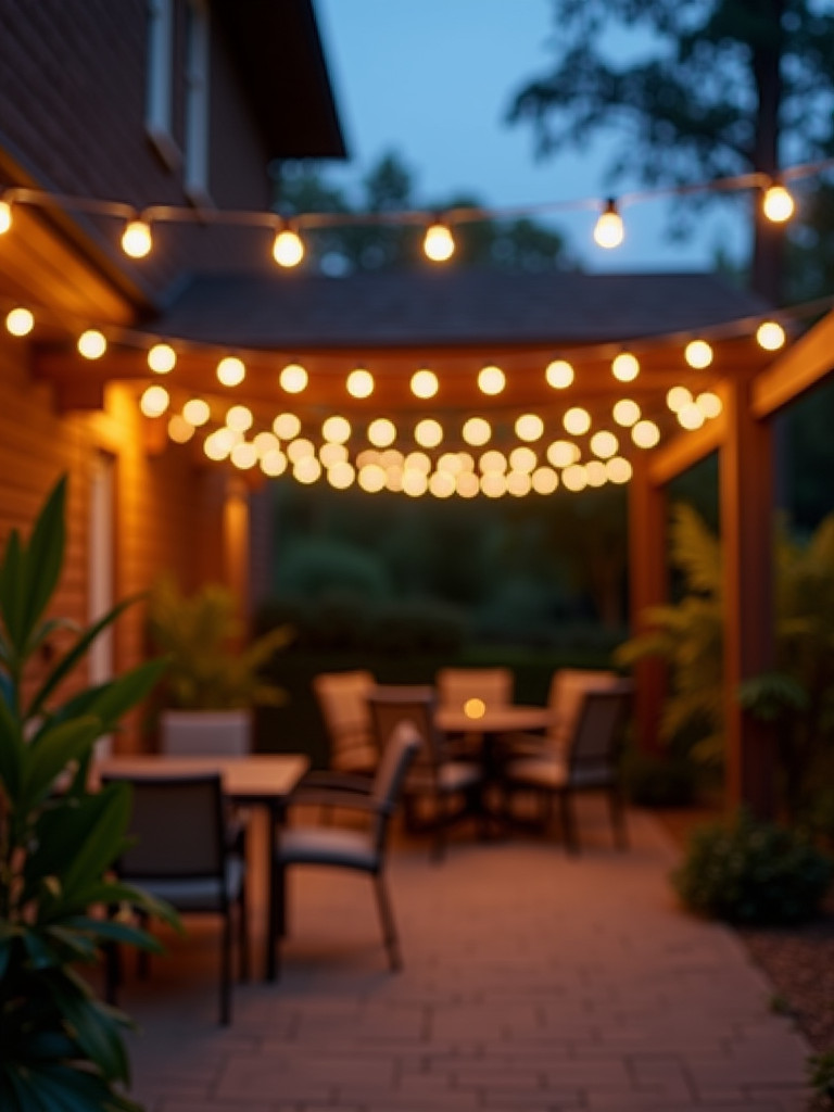 A patio illuminated by a string light canopy
