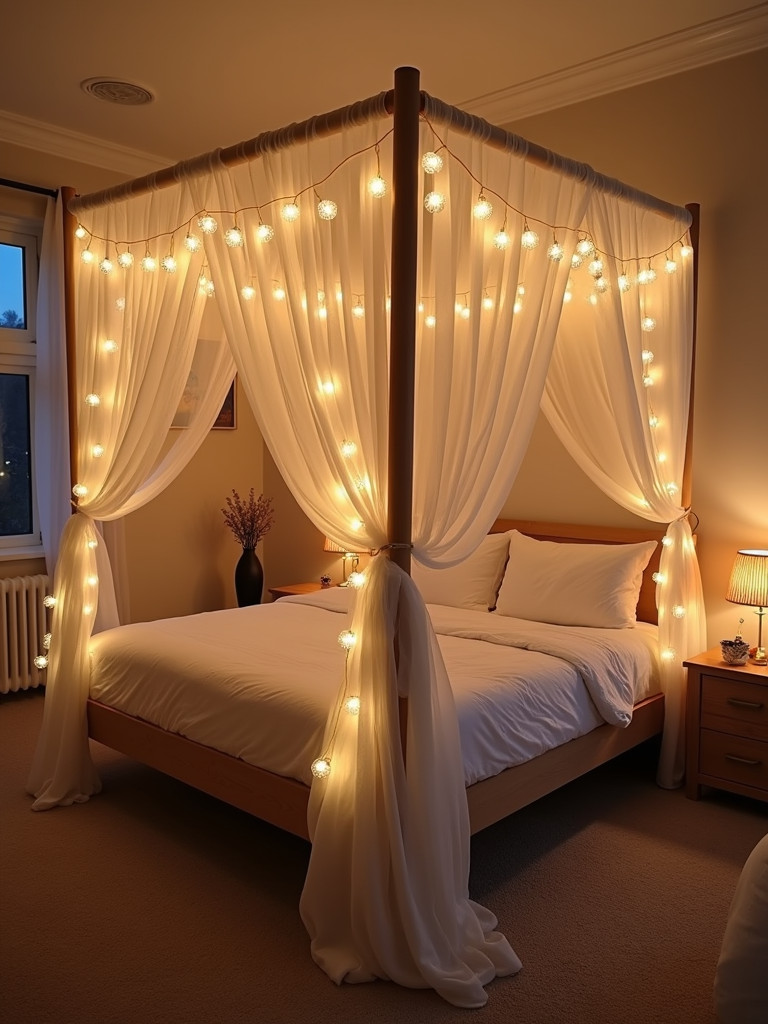 A cozy bedroom featuring a canopy bed with warm white string lights, providing a gentle, relaxing glow.