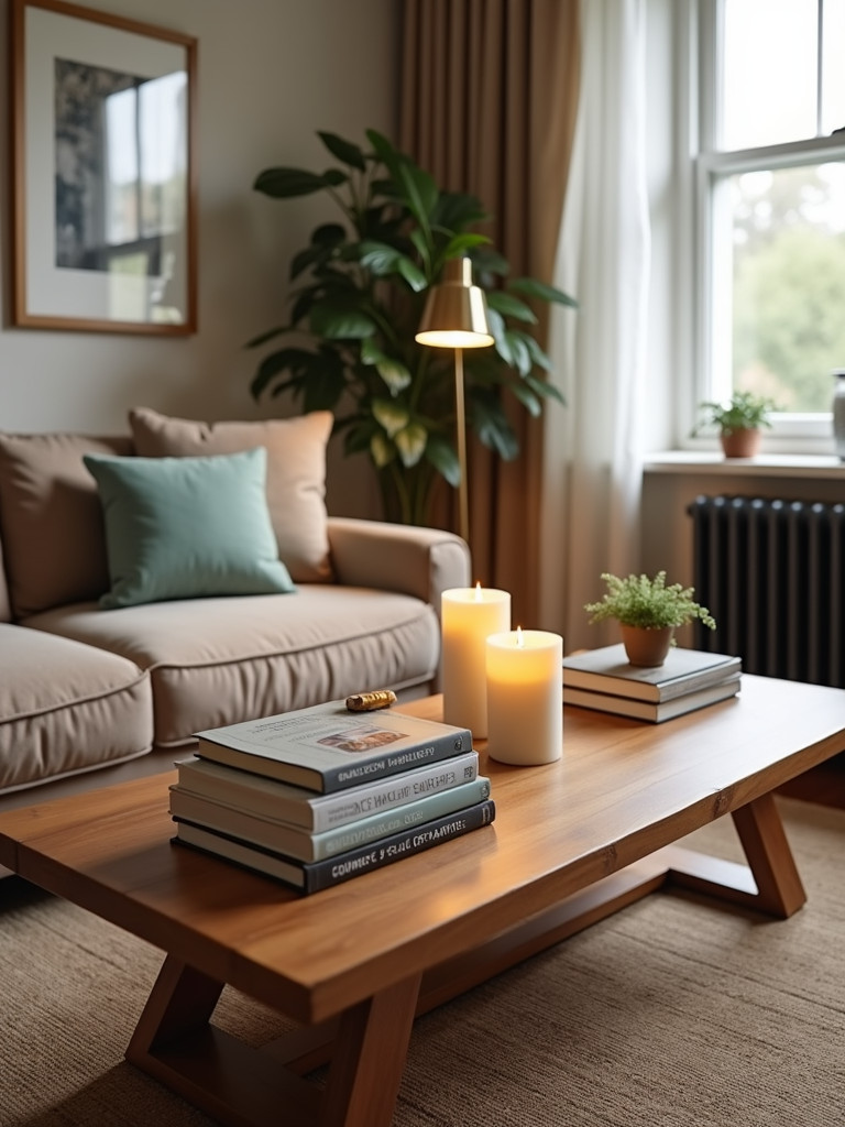 A living room coffee table styled with books, candles, and decorative objects