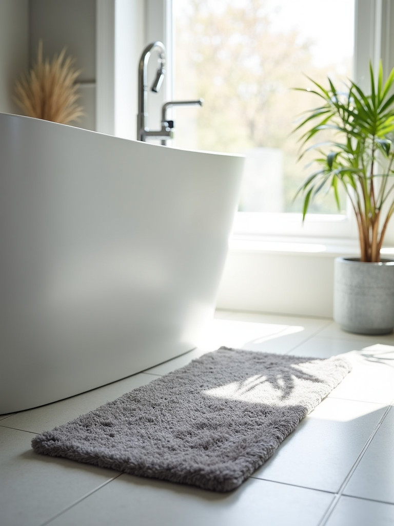 A grey fluffy bath mat in front of a white bathtub