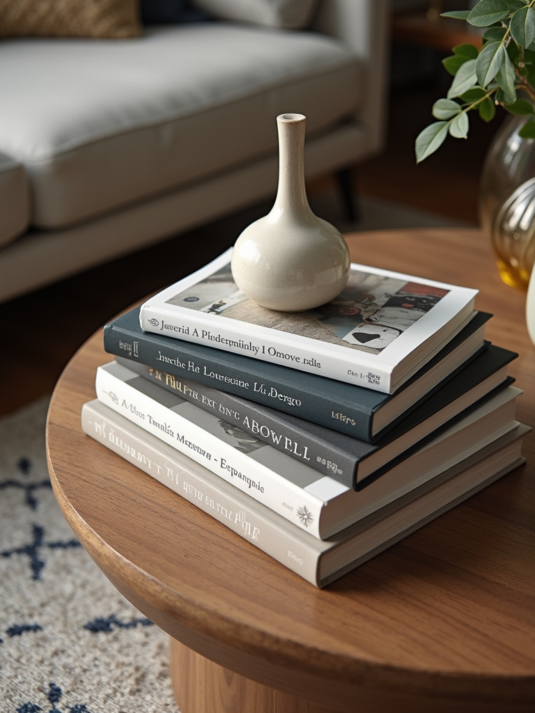 Styled coffee table with coffee table books stacked, overhead light, birds eye angle.