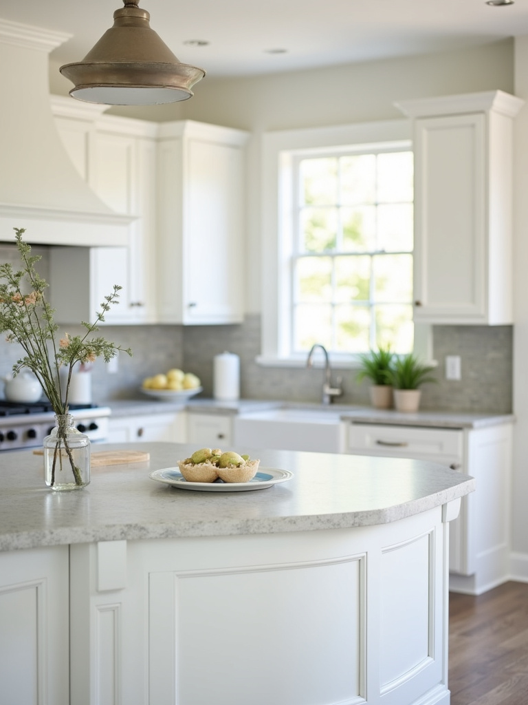 A kitchen with white cabinets and subtle gray limestone countertops.