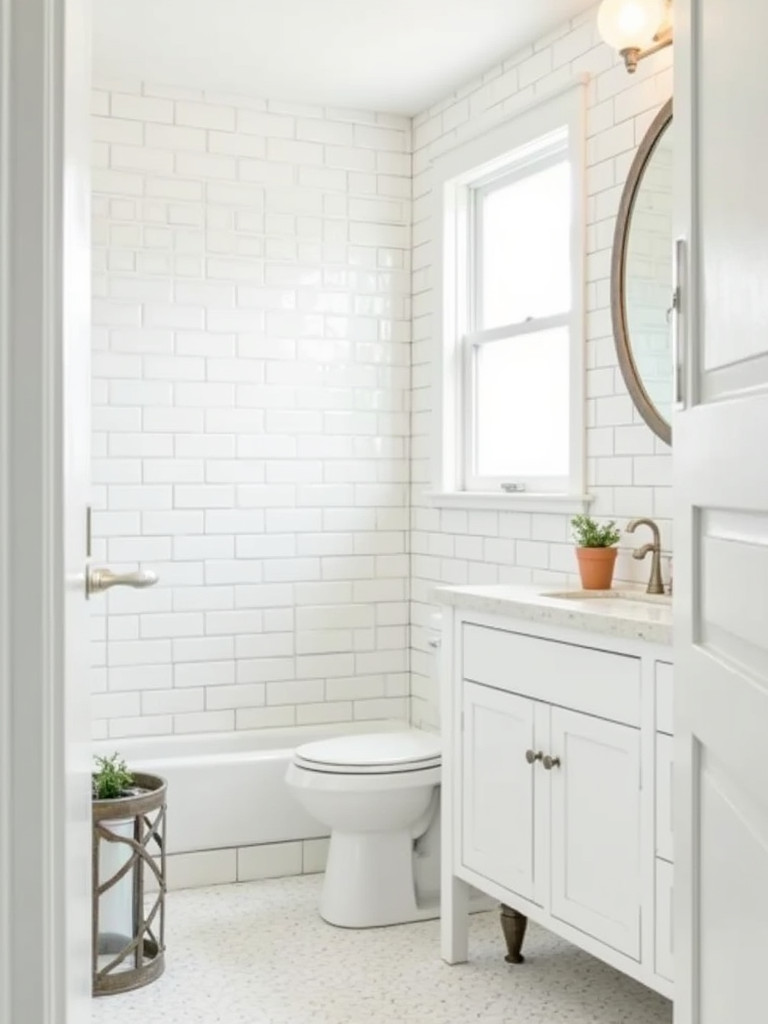 A small bathroom with classic white subway tile on the walls