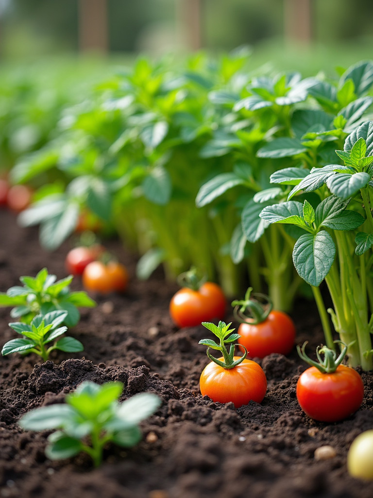 A wide view of a garden showing succession planting, with crops in varied stages of growth, from seedlings to full maturity.