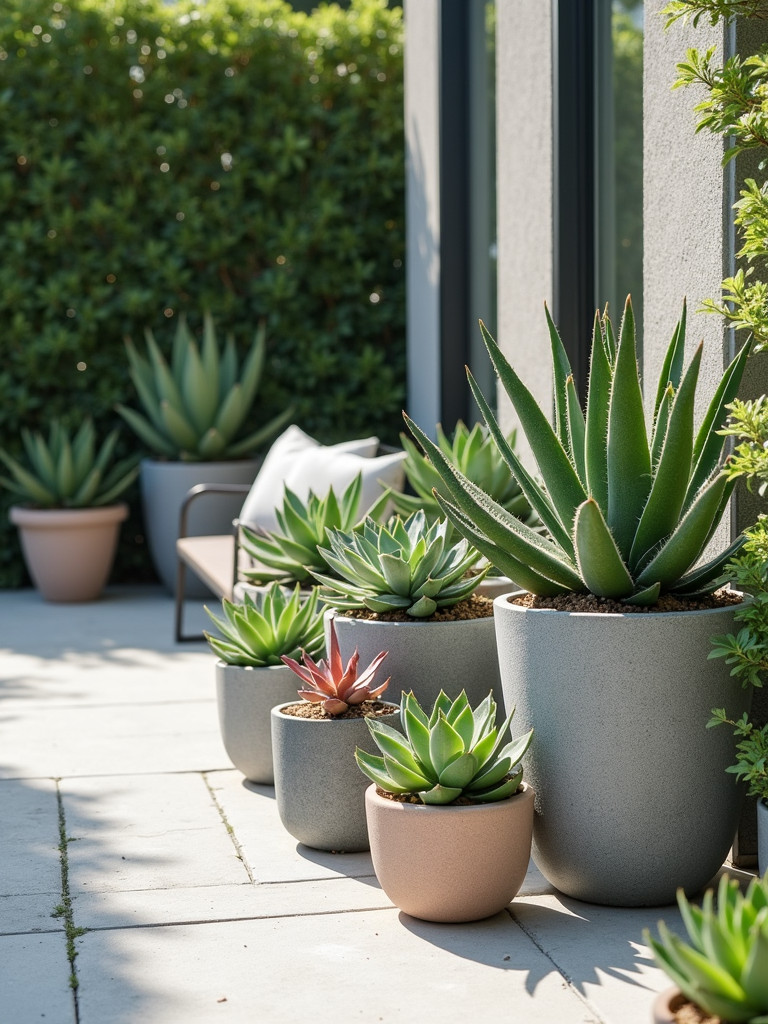 A patio scene showcasing various succulents in decorative pots under bright, natural light