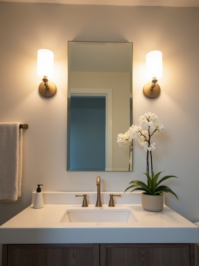 A bathroom with upgraded modern vanity lights above the mirror, providing a warm and inviting atmosphere.