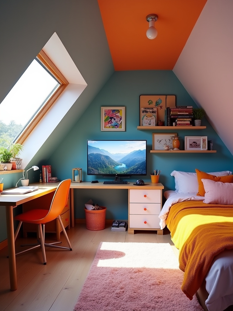 A stylish attic retreat designed as a teenager’s hideaway with a comfortable place to hang out with friends.