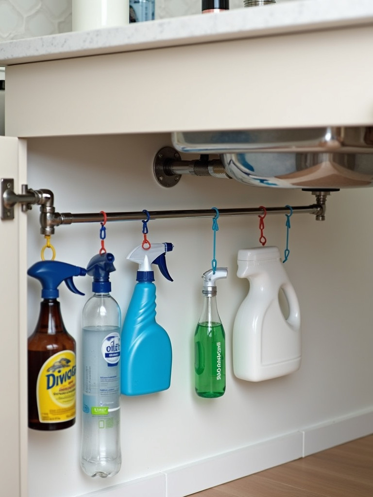 Tension rods used to hang spray bottles and cleaning supplies under a kitchen sink, maximizing organization and storage