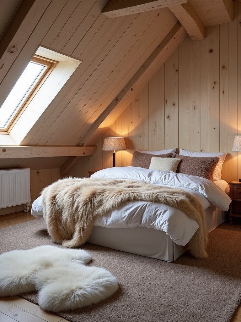 A luxurious attic bedroom filled with a mix of comforting textures and warm light.
