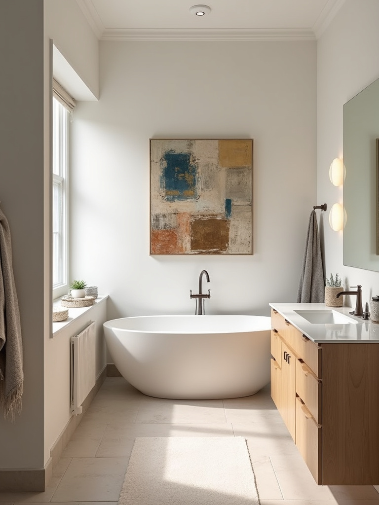 A textured mixed media art piece on a wall in a stylish bathroom.