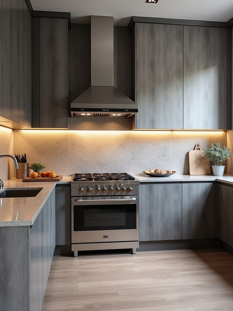 A contemporary kitchen featuring a gray textured stone backsplash and stainless steel appliances
