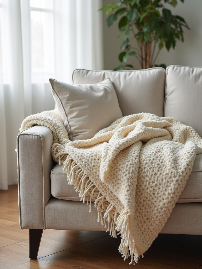 Living room sofa draped with a textured throw blanket, neutral tones, straight shot with side light.
