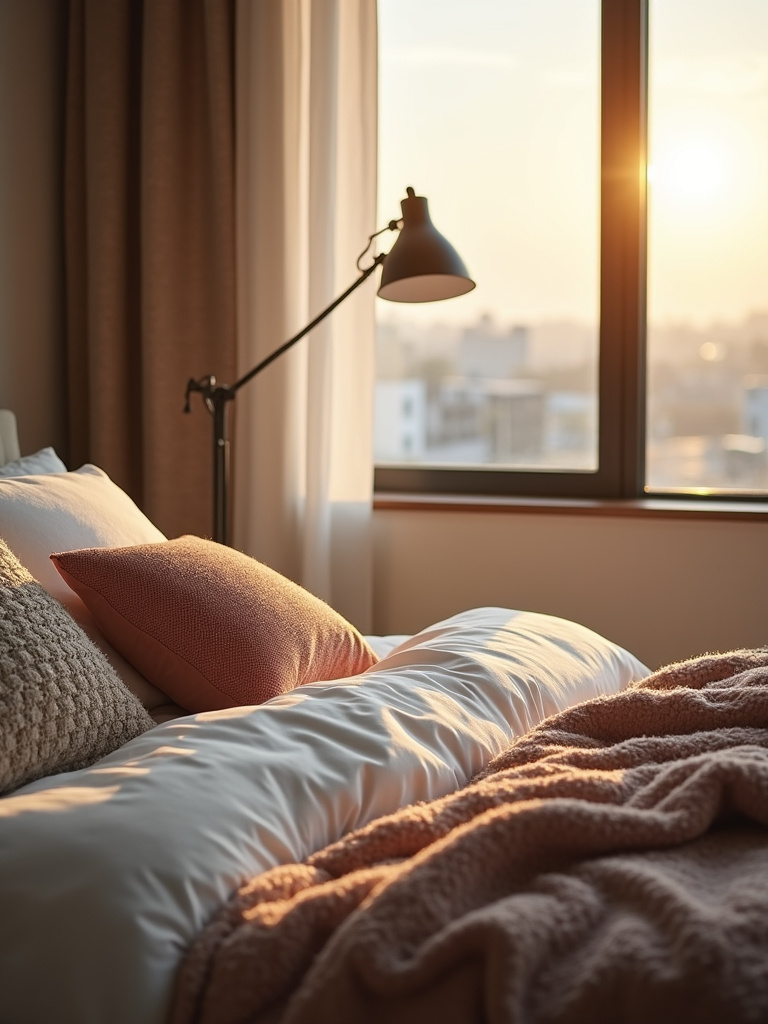 Various textured throw pillows and blankets create a sense of coziness and warmth.