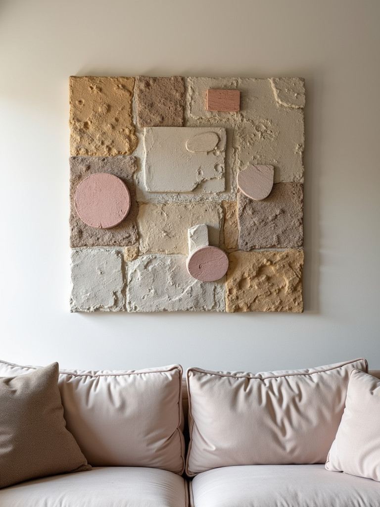 Textured wall art pieces above a velvet couch in a bedroom with neutral color scheme