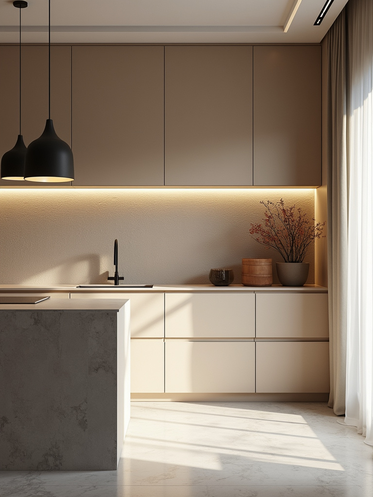 A kitchen designed with unique textured walls adding dimension and unique design aesthetic.