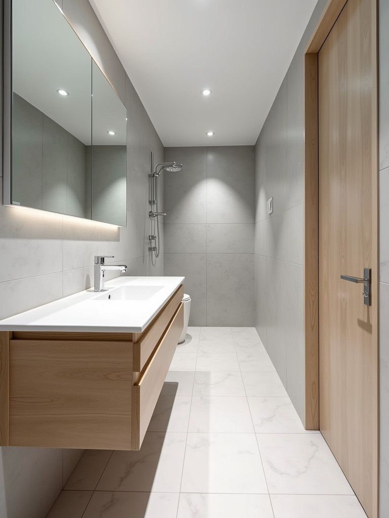 A modern small bathroom featuring a light wood floating vanity