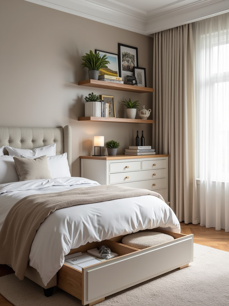 A well-organized bedroom with smart storage solutions